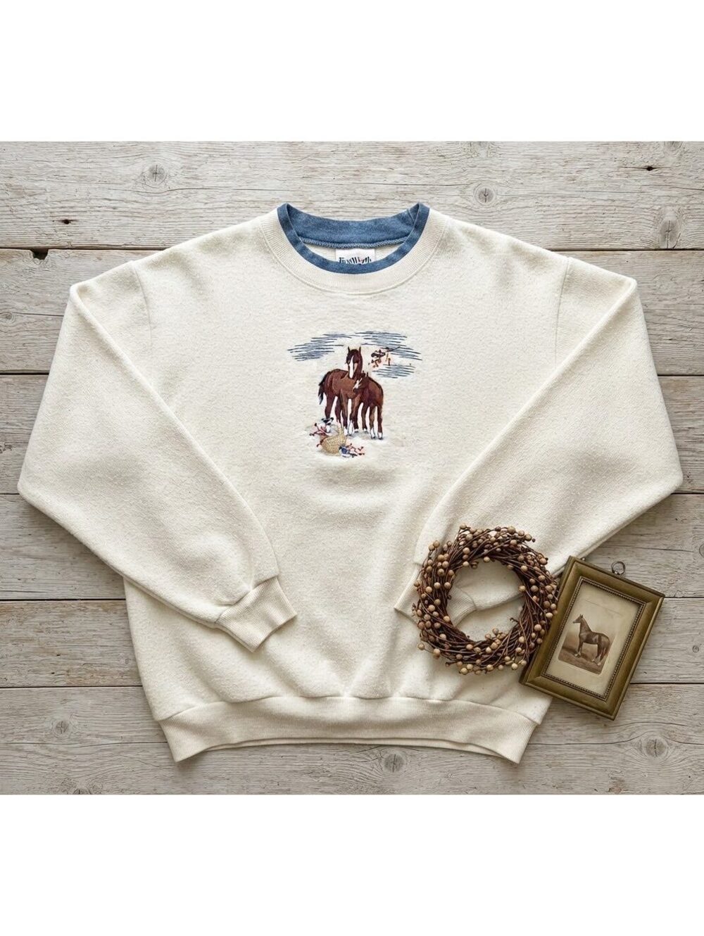 Vintage BonWorth Embroidered Horses Sweatshirt Cream Blue Crewneck Sz XL
